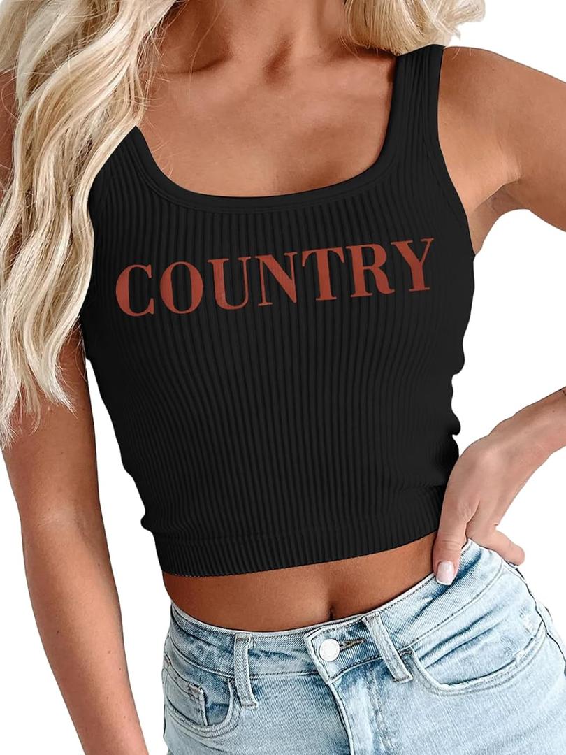 Western Tank Top Country Music Crop Tops Im The Problem Shirt Cowgirl Shirts Country Music Ribbed Knit Crop Top (Black, XL)
