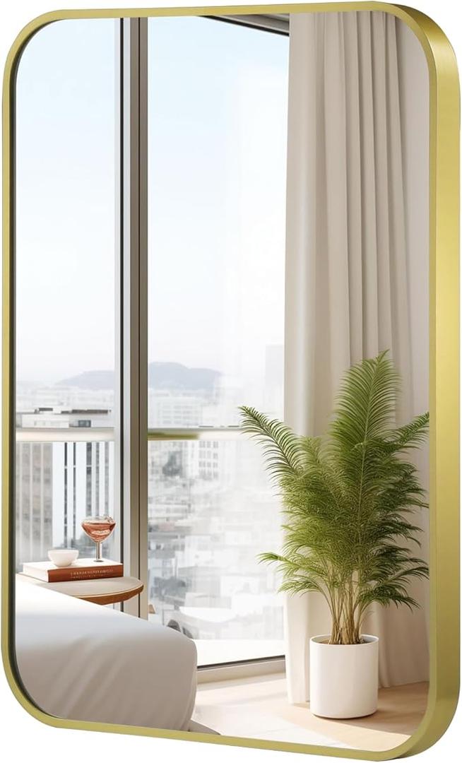 30x36 Inch Gold Mirror, Framed Rectangle Mirror with Rounded Corner, Brushed Brass Mirror, Gold Bathroom Mirror for Over Sink, Vanity, Living Room, Bedroom, Horizontal/Vertical
?