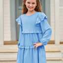 Haloumoning Girls Long Sleeve Dress Kids Ruffle Babydoll Dress Casual Party Swing Dresses 5-14 Years