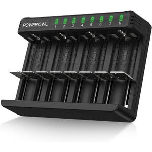 POWEROWL 8 Bay AA AAA C D Battery Charger, USB High-Speed Charging, Independent Slot, for Ni-MH Ni-CD Rechargeable Batteries
