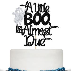 4 x A Little Boo is Almost Due Cake Topper, Boo Theme Baby Shower Cake Decorations, Halloween Baby Shower Pregnancy Announcement Party Decorations, Black Glitter