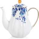 Agyiuns Tea Pot, Porcelain Teapot 37oz,tea pots for tea party,Tea Infuser Pots for Blooming loose Leaf Tea (White with blue flower)