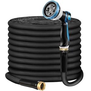 Non-Expandable Garden Hose 50feet, Flexible Water Hose with 10 Function Hose Nozzle, Lightweight, Tangle Free, Rust Proof for Yard (Black)