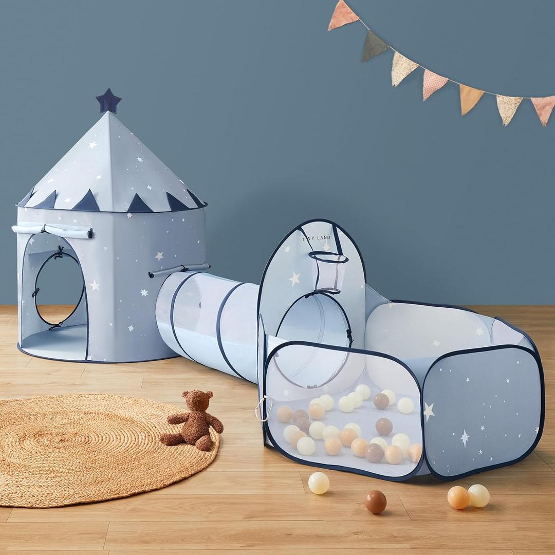 Tiny Land 3in1 Baby Tunnel for Toddlers with Ball Pit & Play Tent, Pop Up Crawl Tunnel for Kids, Indoor/Outdoor Play Tunnel, Foldable Baby Crawling Tunnel Toy (Blue)