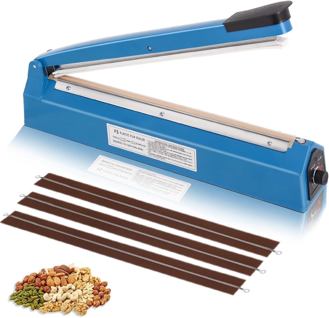 16 Inch Impulse Heat Sealer Machine for Plastic Bags PE PP Bags and Kraft Paper Bag, Cookie Bag Sealer, Manual Poly Bag Hot Seal Sealing Machine with Extra Replace Element Grip