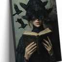 Dark Academia Canvas Wall Art Gothic Victorian Woman Reading Book Wall Decor Picture Moody Dark Crow Aesthetic Poster Print for Gallery Living Room Bedroom Home Decoration 16x24in
