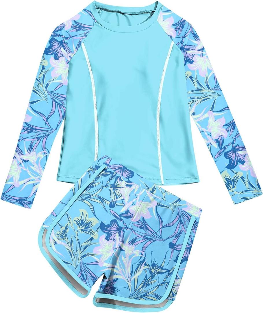 Vogseek Girls Rash Guard Swimsuits 2 Piece Bathing Suit UPF 50+ Summer Swimwear Size 7-12T