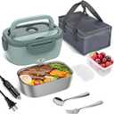Vabaso Electric Lunch Box for Adults, 80W Heated Lunch Box Portable Food Warmer Lunch Box for Work/Men/Car/Truck with 1.5L 304 Stainless Steel Container Fork & Spoon, 110V/12V/24V (Pea Green)