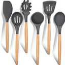 E-far Cooking Utensils Set of 6, Silicone Kitchen Utensils with Wooden Handle, Non-stick Cookware Friendly & Heat Resistant, Includes Spatula/Ladle/Slotted Turner/Serving Spoon/Spaghetti Server(Gray) (6 Pieces)