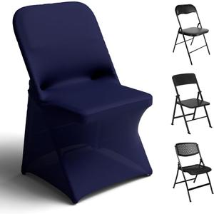 Trlyc Spandex Folding Chair Covers 50 Pcs Universal Fitted Stretchy Dining Chair Slipcovers for Wedding Party Banquet Flat-Front Chair Cover (Navy Blue)
