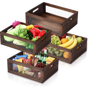 4 Pcs Wooden Countertop Baskets for Kitchen Bathroom, Easy Self-assembly Rustic Nesting Boxes with Handle and Wire Mesh, Multipurpose Wooden Crates for Fruit, Include Screws (Medium,Burnt Wood Finish)
