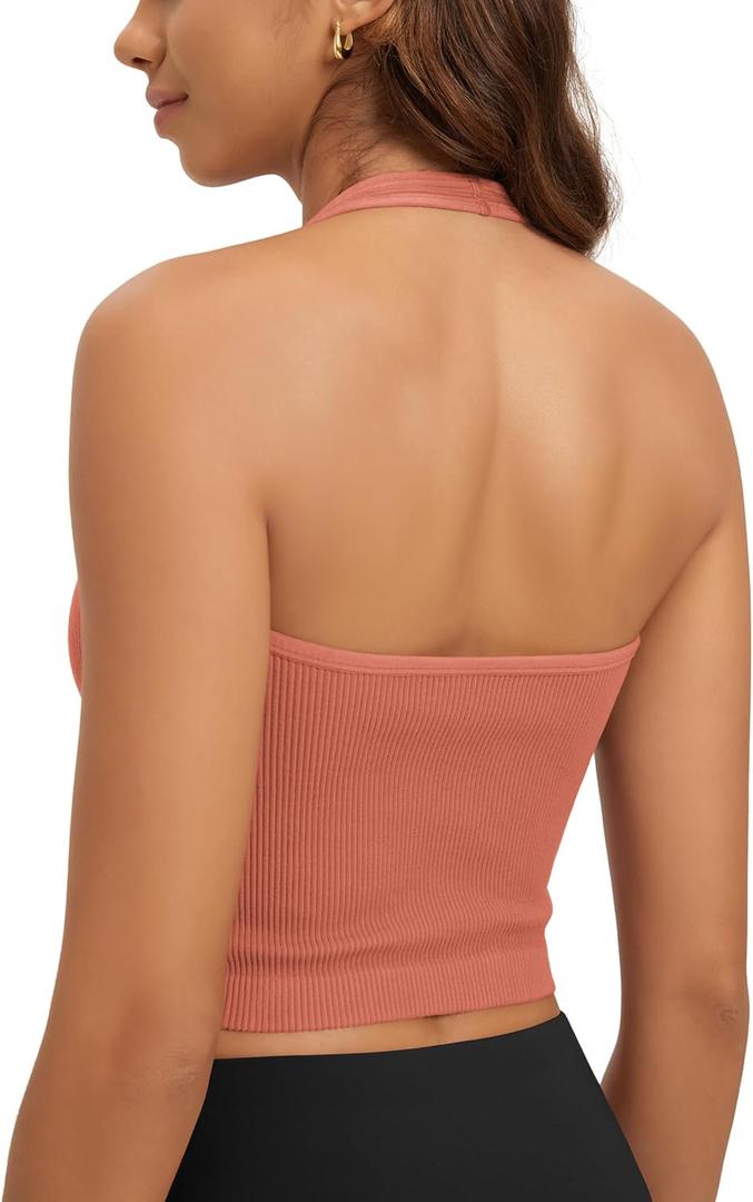 ODODOS Seamless Halter Crop Tops for Women Ribbed Soft V Neck Open Back Cropped Tank Top, 1-Pack, Coral, Medium-Large