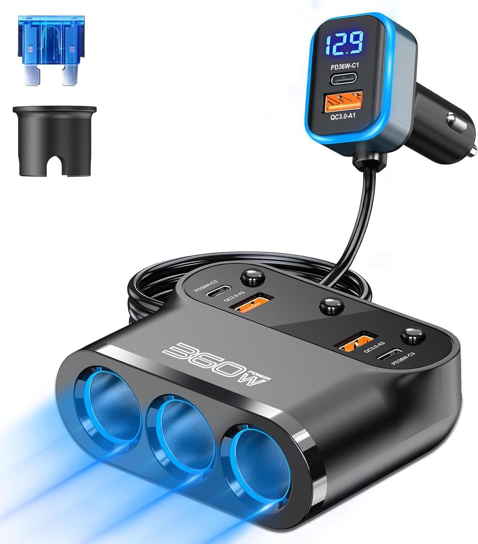 Cigarette Lighter Splitter Adapter 360W: Car 12v Splitter 3 Socket Car Charger Extension Triple USB C 36W and QC3.0 18W Ports 12 Volt Power Outlet DC with Button Switch LED Voltmeter 15A Fuse
