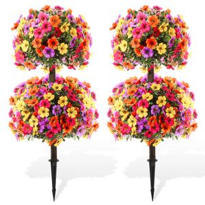 Daifunli 28 Inch Set of 2 Artificial Flowers Topiary Tree Double Ball Boxwood with Spikes for Outdoor UV Resistant Faux Shrubs, Realistic Fake Bushes for Garden Front Porch Patio Decor (Colorful)