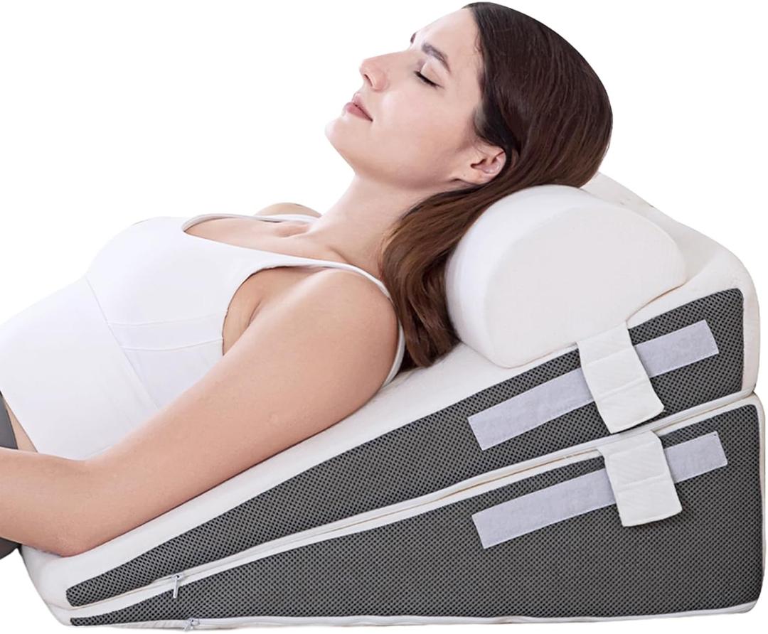 GOHOME Cooling Wedge Pillow Set for After Surgery, 3-Piece Adjustable Memory Foam Bed Wedge Pillow for Sleeping - Acid Reflux, Snoring, Neck Pain and Back Pain, White and Grey (9 & 12 In (3 Set), White & Grey)