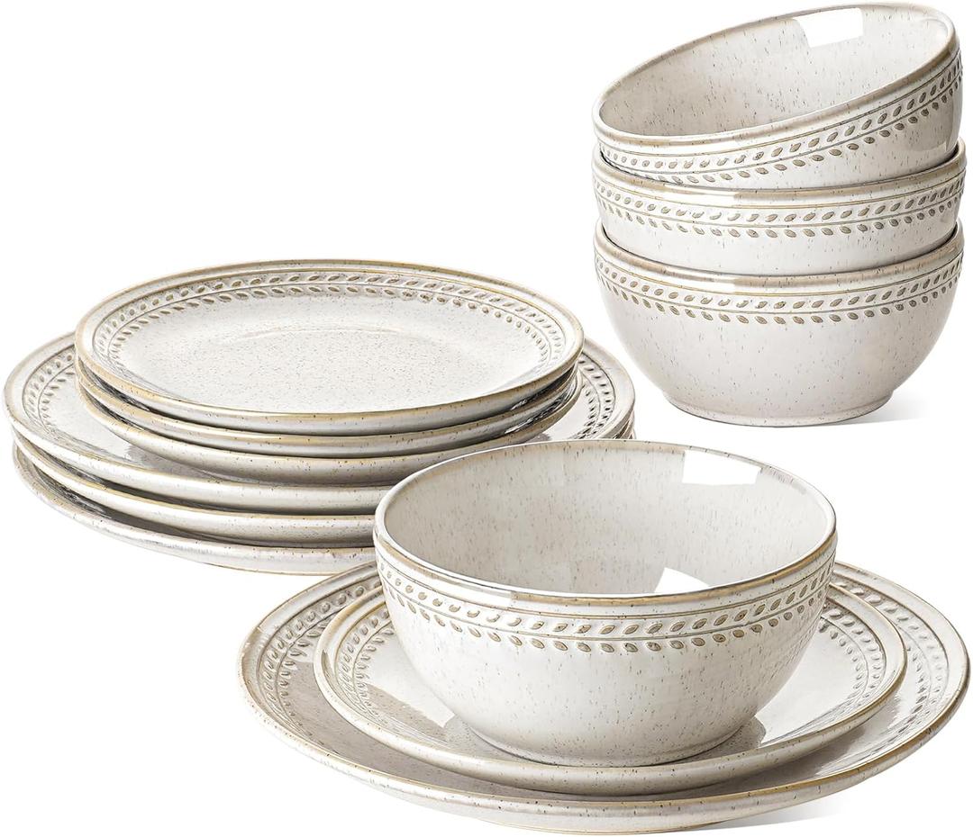 LE TAUCI Dinnerware Sets for 4, 11 Piece Ceramic Dish Set with Plates and Bowls | Oven/Dishwasher/Microwave Safe | Ideal for Housewarming | Reactive Beige (10" Plate+8" Dish+27oz Bowl)