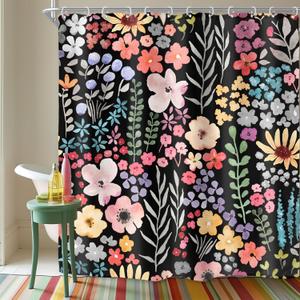 Riyidecor Black Dark Floral Flowers Shower Curtain for Bathroom Decor 72Wx72H Watercolor Plants Leaves Herbs Botanical Wildflower Art Printed Fabric Polyester Waterproof 12 Pack Plastic Hooks