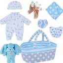 BABESIDE 8 Pcs Baby Doll Clothes Set with Bassinet for 10-12 Inch Dolls, Cute Baby Doll Clothes and Accessories Set for Realistic Babydolls Boy, Blue