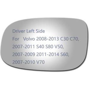 JZSUPER Side Mirror Glass fit for Volvo 2008-2013 C30 C70, 2007-2011 S40 S80 V50, 2007-2009 2011-2014 S60, 2007-2010 V70 Driver Side Replacement Flat Glass