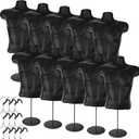 10 Pack Male Mannequin Torso with Stand, Dress Form Maniquin Body Tshirt Display Waist Hollow Back Body with Hanging Hook for Counter Clothes Display Shows Photos or Design, S-M Sizes Black