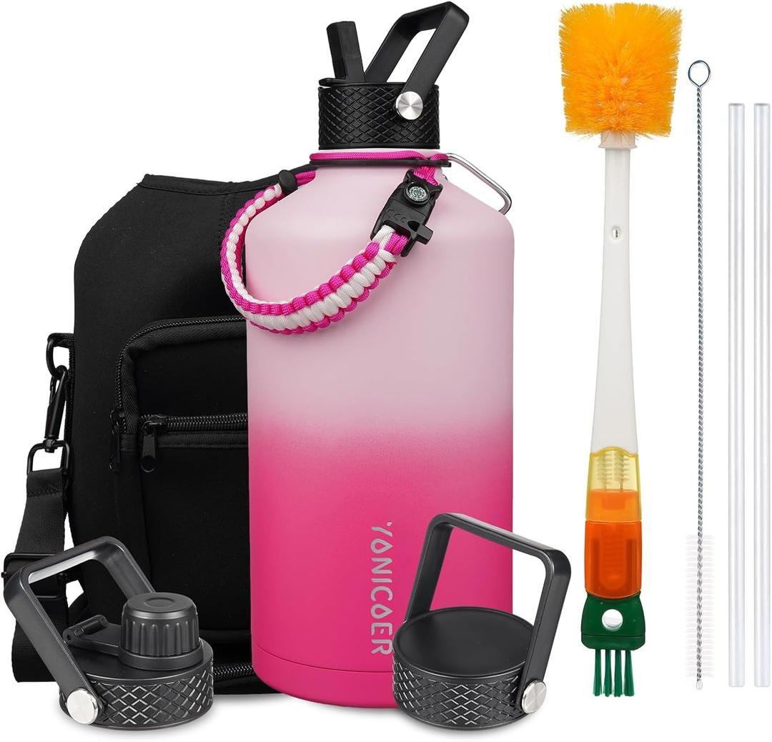 YONICOER Insulated Water Bottle 128oz,Triple Wall Vacuum Stainless Steel(Dishwasher Safe),Leak Proof & NonBPA,Flask Jug with Paracord Handle & Straw Spout Lids Sports Cherry Blossom