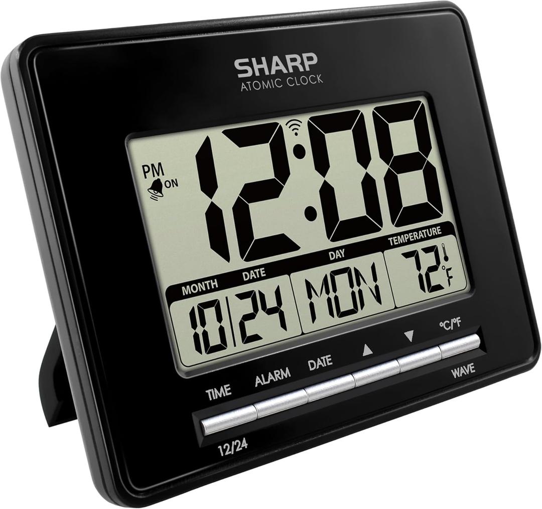Sharp Atomic Desktop Clock  Auto Set Digital Alarm Clock - Atomic Accuracy - Easy to Read Screen with Time/Date/Temperature Display- Perfect for Nightstand or Desk