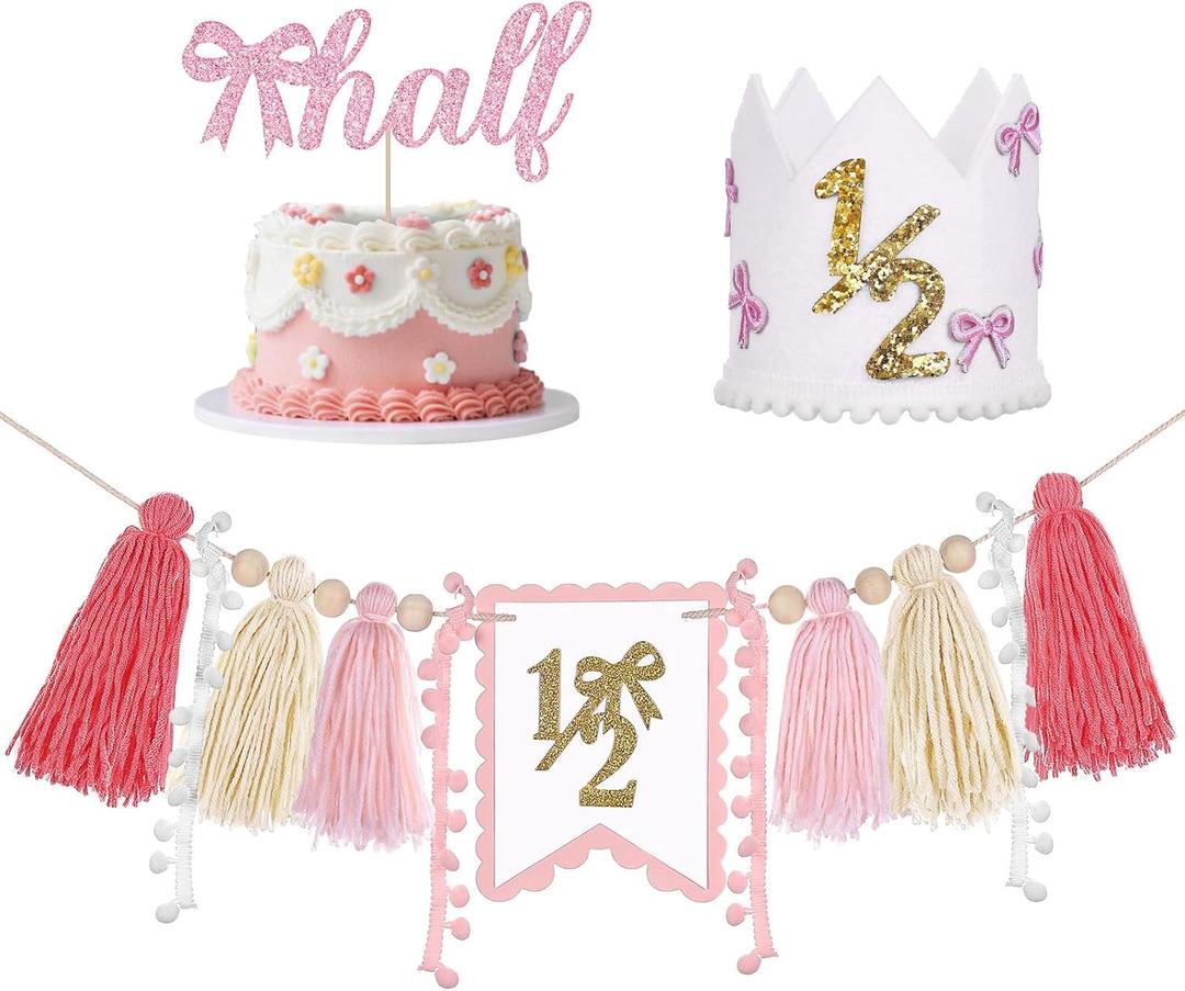 Bow Pink 1/2 Birthday Decorations,Bow Crown with High Chair Banner and Cake Plate,Half Birthday Party Decoration For Girl Baby Shower (White)