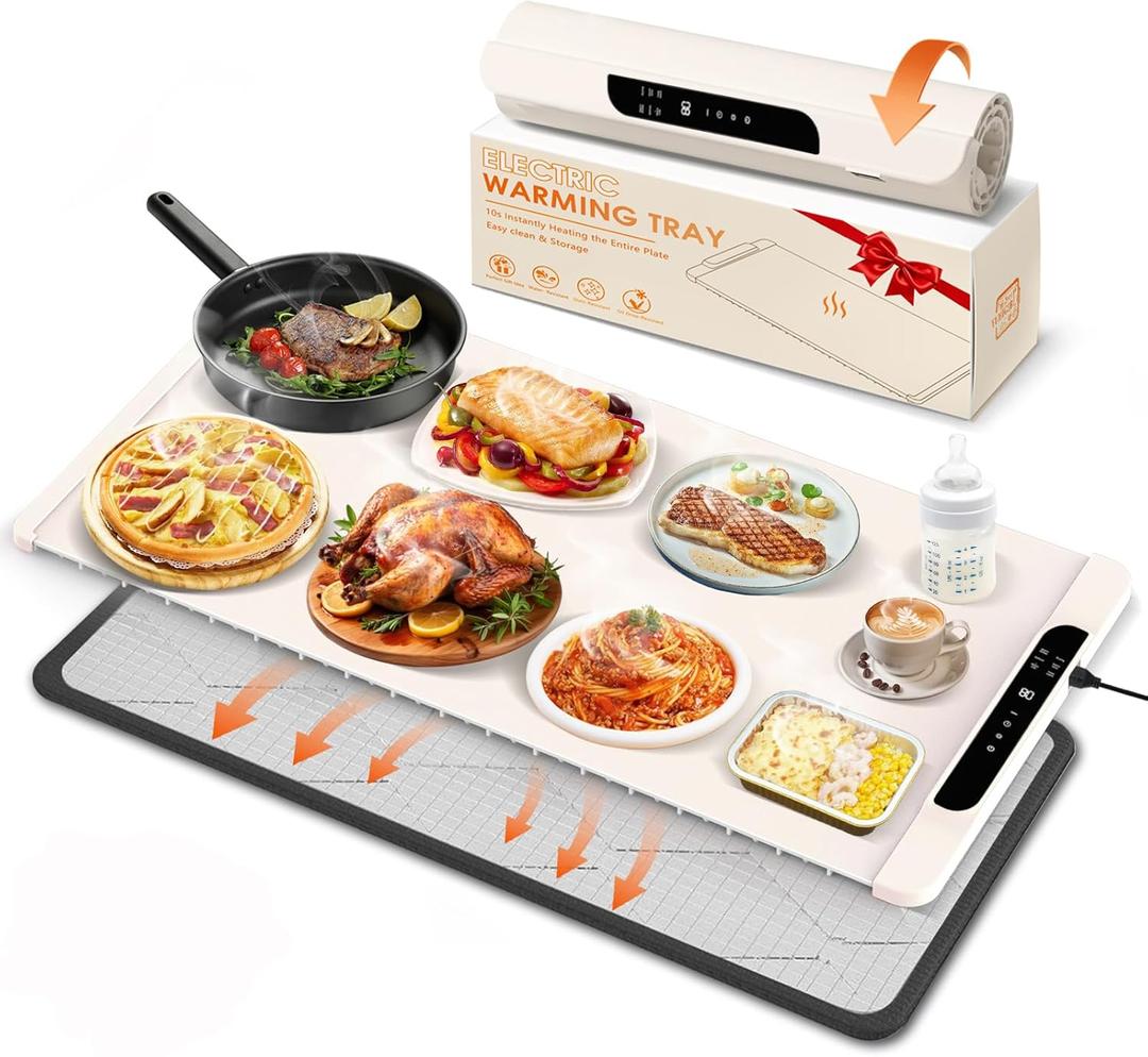 Warming Mat for Food with Heat Resistant Pad, 36"x16" Food Warmer Mat for Countertop Food Warmer Custom Temperature Settings 10H Timer Portable Heating Pad for Parties Buffets Holiday Home Use (Beige)