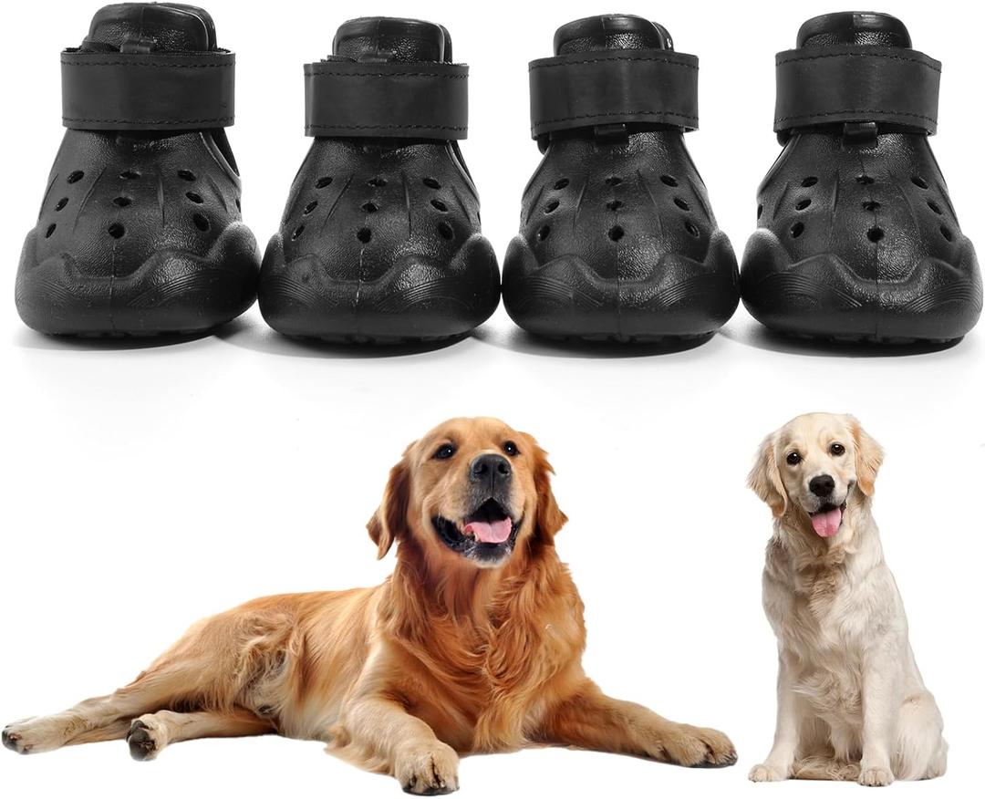Dog Shoes, Dog Sandals for Hot Pavement, Non-Slip Waterproof Dog Booties for Winter Snowy Day and Summer, Adjustable Straps Easy-Clean Beach Outdoor Pet Boots Rugged Sole - 4Pcs Black, Size 4:（2.24''x1.73'')(L*W)
