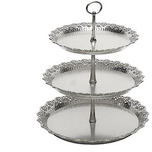 15 in Metallic Silver 3 Tier Plastic Cupcake Stand Round Dessert Display Tower Lace Cut Trim Party Events Decorations