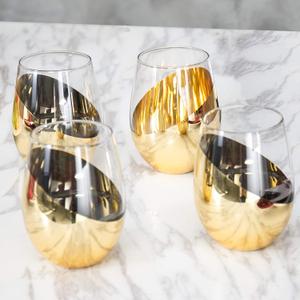 MyGift Luxury Stemless Wine Glasses Gift Set of 4 Modern Brass Accent Barware, Elegant Red Wine Glasses for Anniversary & Wedding Gifts