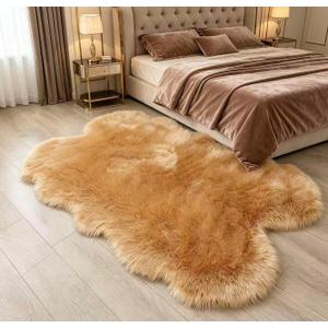 Fluffy Faux Fur Rug Brown Sheepskin Area Rug,4x6 Ft Ultra Soft Shaggy Plush Rug for Bedroom Bedside Living Room Nursery Kids Room