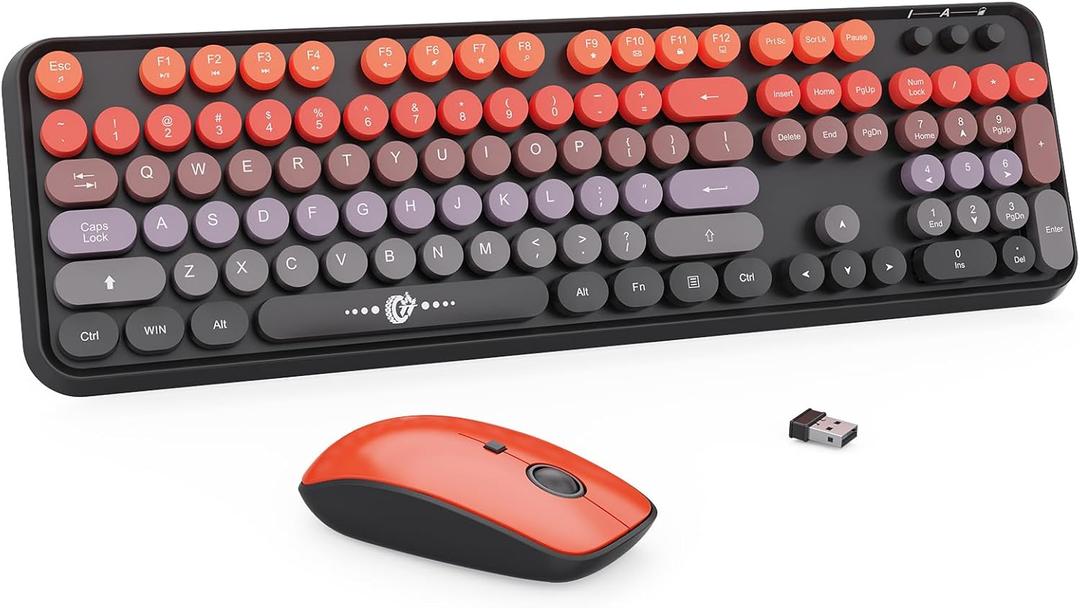 FOPETT Wireless Keyboard and Mouse Combo - 2.4G Full-Sized Cute Colorful Mouse and Keyboard with 104 Round Keys Retro Typewriter Keyboard for Laptop/Windows/PC - Black Orange