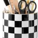 Ceramic Checkered Pen Holder For Desk Cute Stand Gold Line Pencil Cup Pot Desk Organizer, Office Desktop Decor, Makeup Brush Holder for Girls,Women (Black-white)