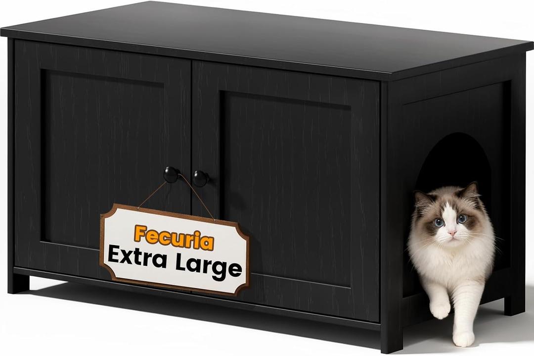 Extra Large Cat Litter Box Enclosure Furniture Dog Proof, Hidden Kitty Washroom Cabinet Low Entry, Wooden Cat Boxes Odor Control for Home, Farmhouse Style Decorative with Storage, Black