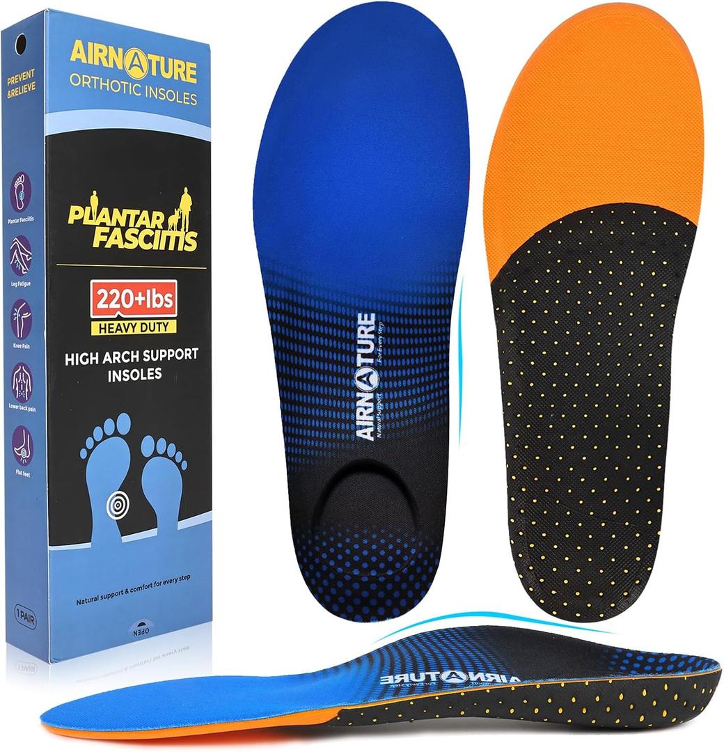 Insoles Orthotics for Plantar Fasciitis Relief, 220+ lbs High Arch Support Insoles for Men Women Flat Feet, Foot Pain Inserts fit Work Boots Shoes for Standing All Day (Men(9-9.5)-Women (11-11.5)-(284mm), Blue)