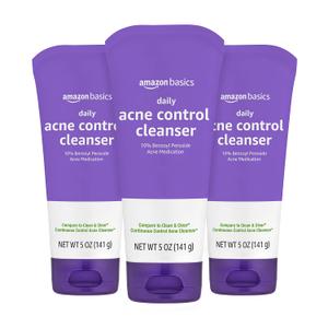 Amazon Basics Acne Treatment Face Wash - Daily Control Cleanser, Maximum Strength 10% Benzoyl Peroxide for Stubborn Breakouts, 5 Ounce (3-Pack)