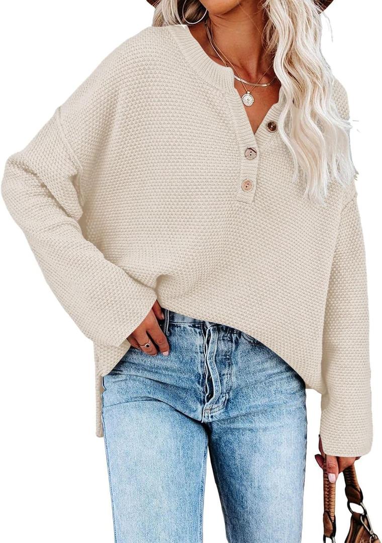 Pink Queen Women's V Neck Button Sweater Oversized Batwing Long Sleeve Henley Pullover Knit Jumper Top (Medium, Beige)
