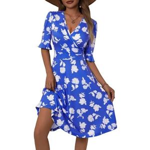 VETIOR Midi Wrap V Neck A line 1/2 Short Flare Sleeve Dress with Pocket for Women Pear & Apple Shape Friendly, M 