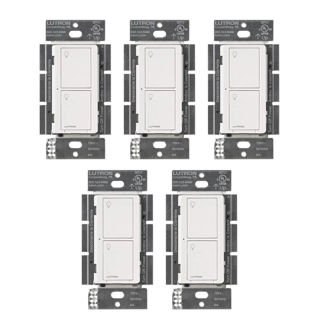 Lutron Caseta Original Smart Light Switch 5 Pack (Lutron Smart Hub Required), for Home, LED Lights, and Fans, 6 Amp, Single-Pole/3-Way, Neutral Required, PD-6ANS-WH, White