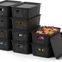 Plastic Storage Basket with Lids 10 Pack Stackable Black Storage Bins Containers with Lid, Decorative Storage Boxes for Organizing Shelves, Drawers, Playroom, Classroom, Office, Closet
