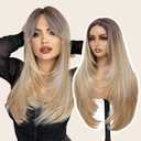 Glueless Synthetic Lace Front Wig Long Blonde Wig for Women Straight Layered Wig 28" 4x1 HD Lace Pre Plucked Hairline Middle Part Synthetic Wigs for Daily Party (Drak Blonde with Drak Root,28Inch)
