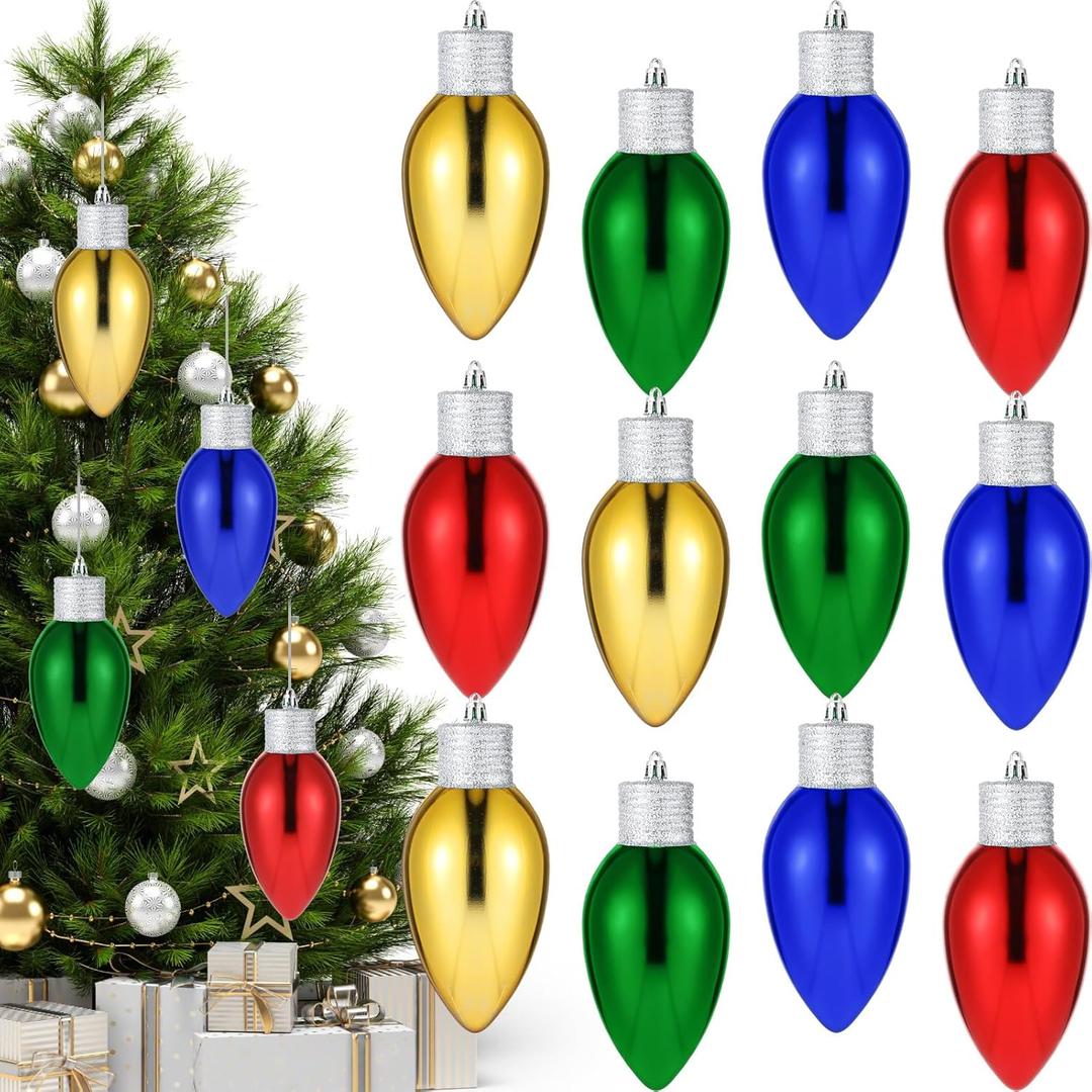 Lenwen 12 Pcs 6 Inch Christmas Lightbulb Ornament Hanging Plastic Colorful Bulbs Shaped Ornament for Christmas Tree Front Door Xmas Yard Decor(Red, Gold, Green, Blue)