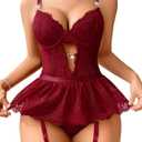 Lilosy Sexy Stocking Rhinestones Heart Garter Underwire Floral Mesh lace Sheer Babydoll Lingerie Teddy Bodysuit Skirt Set