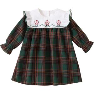 Toddler Baby Girls Christmas Outfit Plaid Dress Christmas Dress Santa Merry Embroidered Fall Winter Holiday Dresses (2-3T, Green)