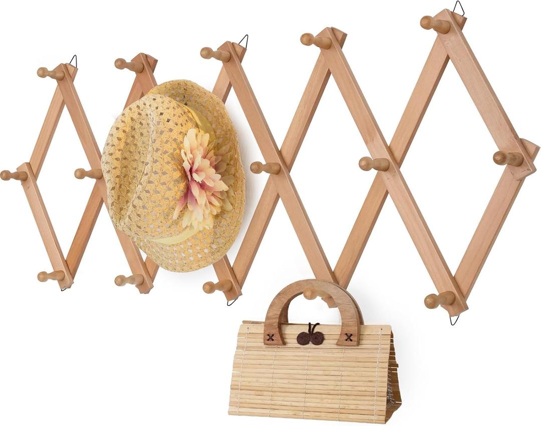 Wall Rack with 16 Hooks, Wooden Wall Expandable Coat Rack for Coat, Hats, Baseball Caps, Coffee Mug, Jewelry(Natural)