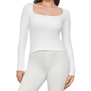 Women's Square Neck Long Sleeve Top : Cotton Flattering Blouse for Fitted Casual Sport Shirt Wear (White, L)