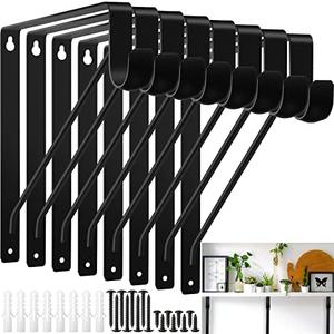 Nuogo 8 Pcs Heavy Duty Closet Rod Brackets Bulk 11"x11" Black Closet Shelf Bracket with Rod Holder Support 300 lbs Triangular Wall Mount Hangers Hooks with Screw for Home and Decor