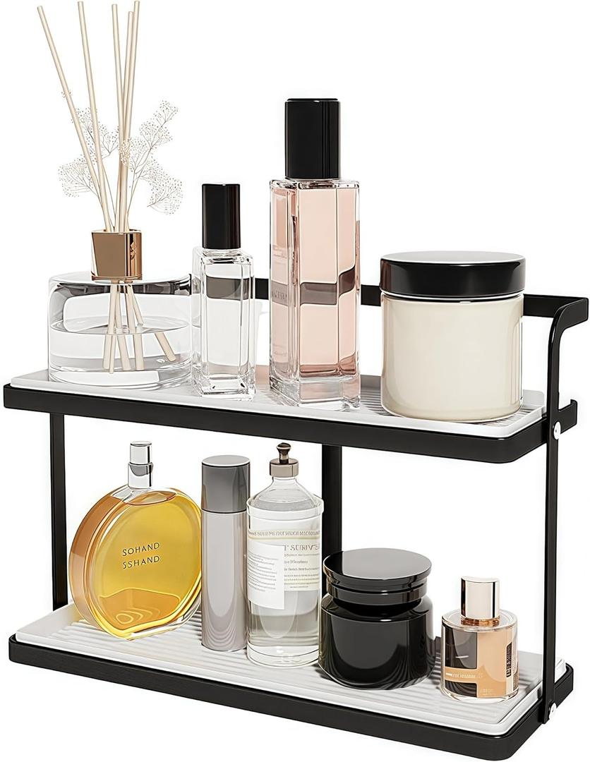 Bathroom Countertop Organizer for Small Spaces, 2-Tier Makeup Shelf with Vanity Tray, Tool-Less Installation Skincare & Perfume Organizer, Non-Slip Design for DresserWhite&Black (Black)