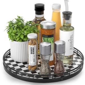 Black and White Kitchen Lazy Susan Turntable  Round Checkered Decorative Tray, 12 Table Top Oak Wood Lazy Susan for Cookies, Dining Table Organizer, Small Kitchen Table Centerpiece